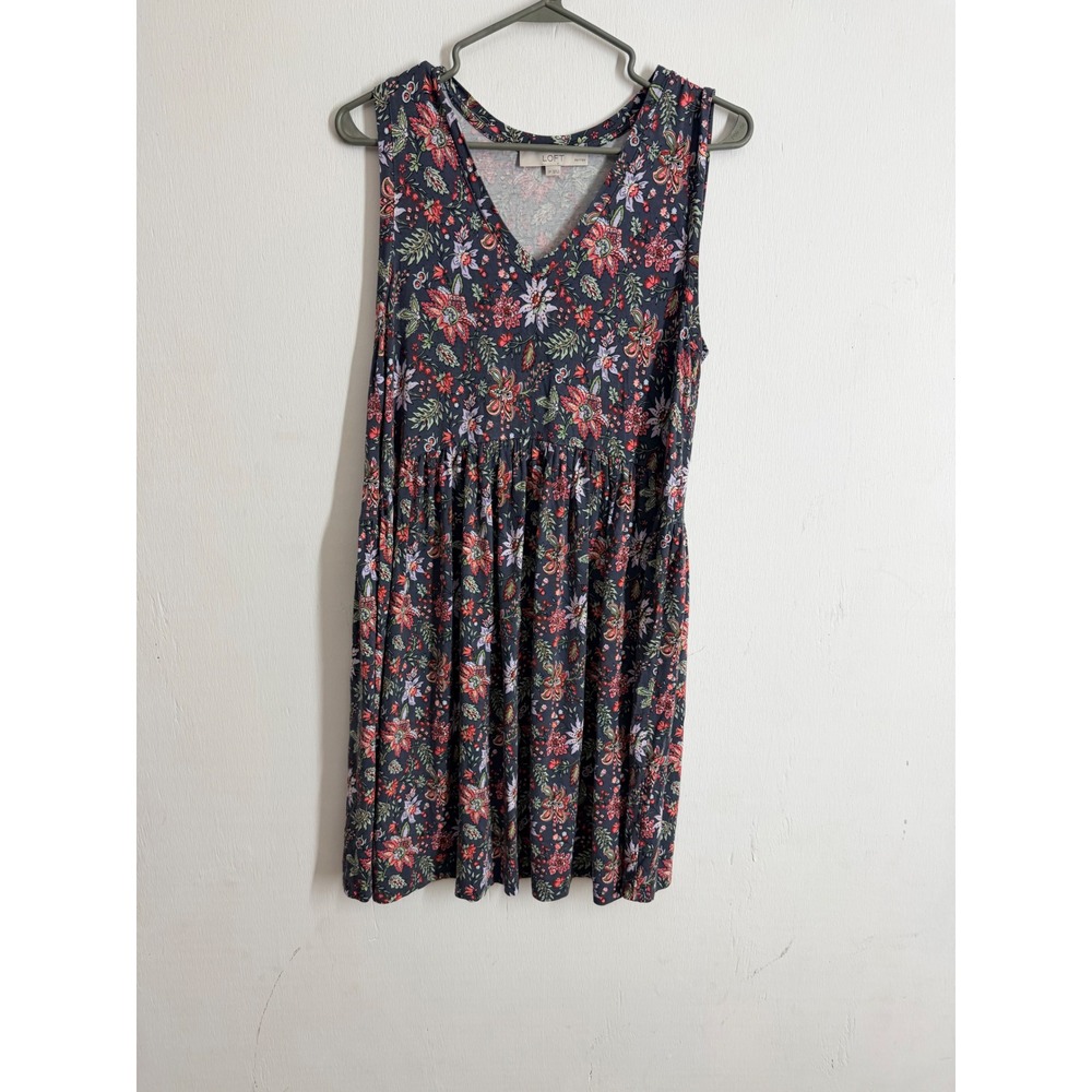 LOFT Floral Sleeveless V-Neck Babydoll Dress Navy Blue Petite Small SP Boho